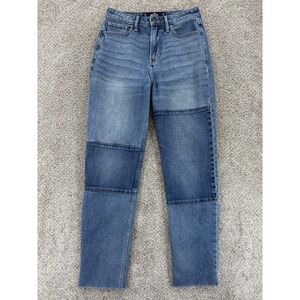 Hollister Ultra High Rise Mom Jean Womens Jrs 1R W25 L27 Blue Patchwork Raw‎ Hem